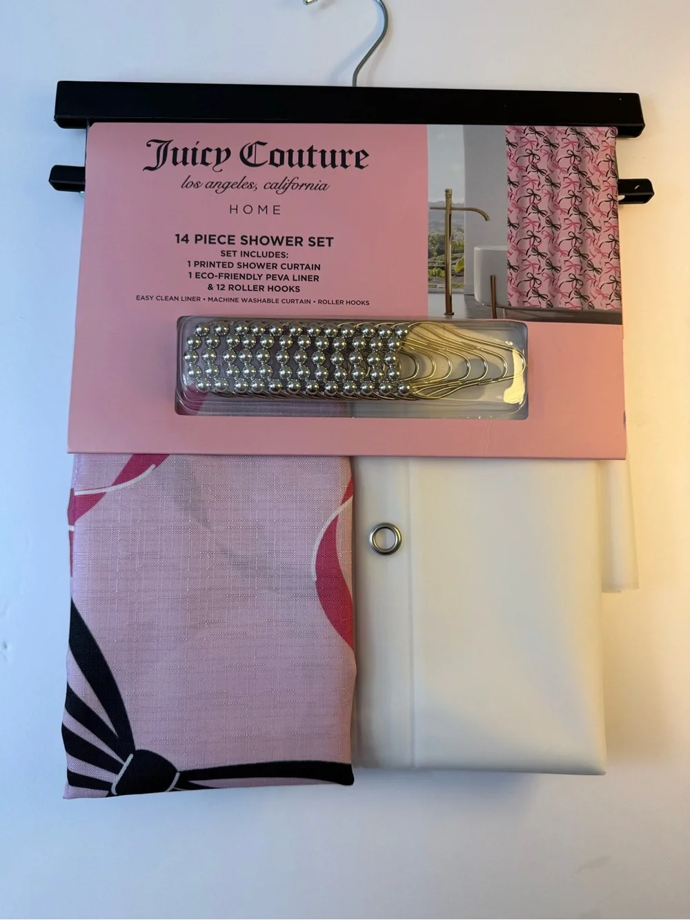 NWT Juicy Couture Home Coquette Bow Shower Curtain 14PC Set Pink Black